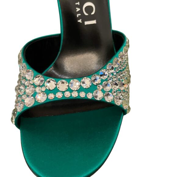 GUCCI Women's Satin High Heel Sandals with Crystals Size 37.5 US 7.5 Green New - Picture 12 of 16